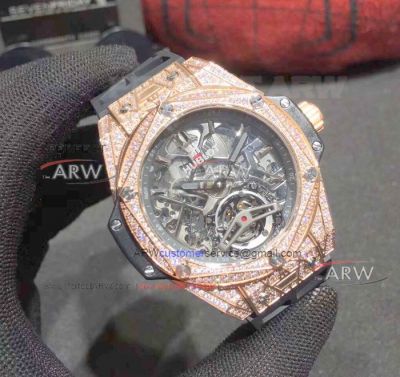 Perfect Replica Hublot Rose Gold Tourbillion Dial Black Rubber Band Watch